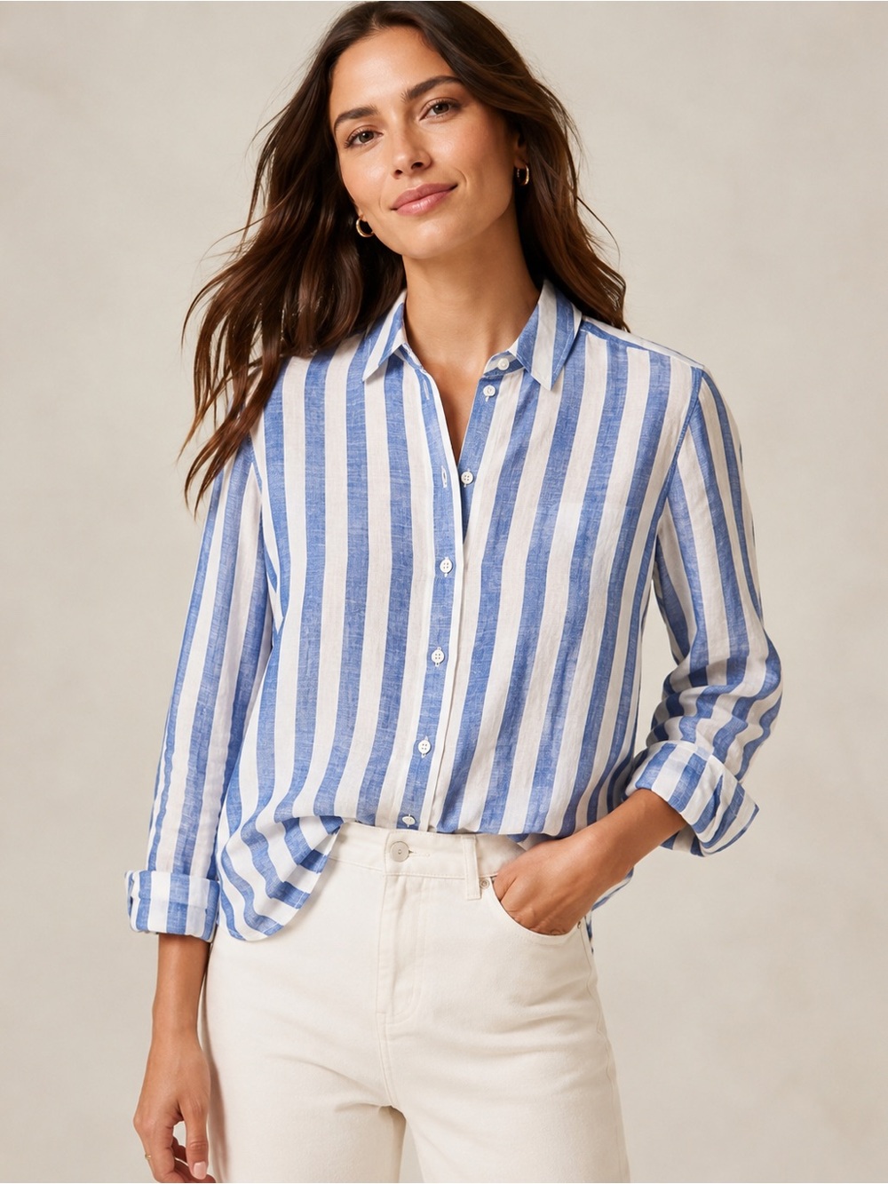 J. Crew Linen Blue and White Vertical Stripe Button-Down Shirt Sz Small